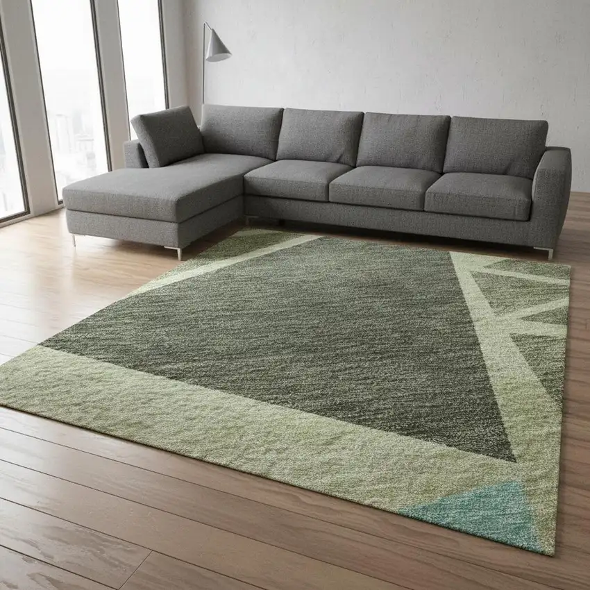 Artichoke Green Aqua And Ivory Geometric Washable Area Rug With UV Protection Photo 2