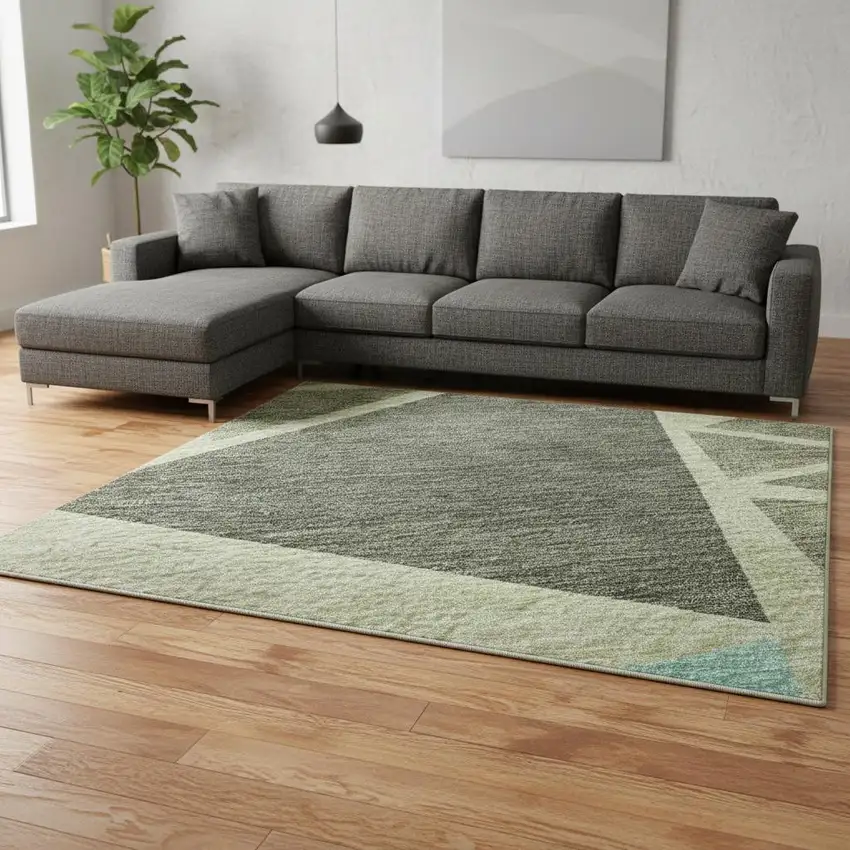 Artichoke Green Aqua And Ivory Geometric Washable Area Rug With UV Protection Photo 2