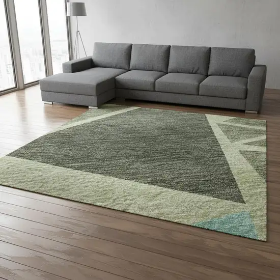 Artichoke Green Aqua And Ivory Geometric Washable Area Rug With UV Protection Photo 2