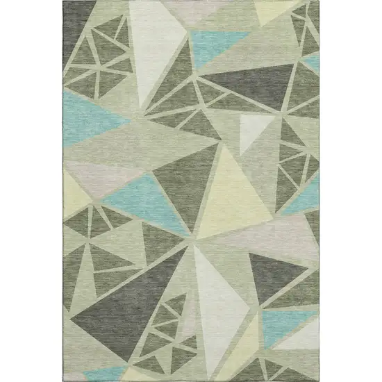 Artichoke Green Aqua And Ivory Geometric Washable Area Rug With UV Protection Photo 6