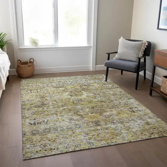 Artichoke Green Beige And Black Floral Washable Indoor Outdoor Area Rug Photo 9