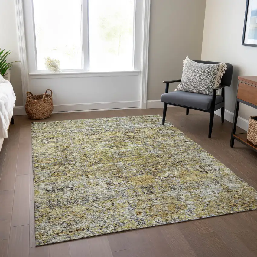Artichoke Green Beige And Black Floral Washable Indoor Outdoor Area Rug Photo 9