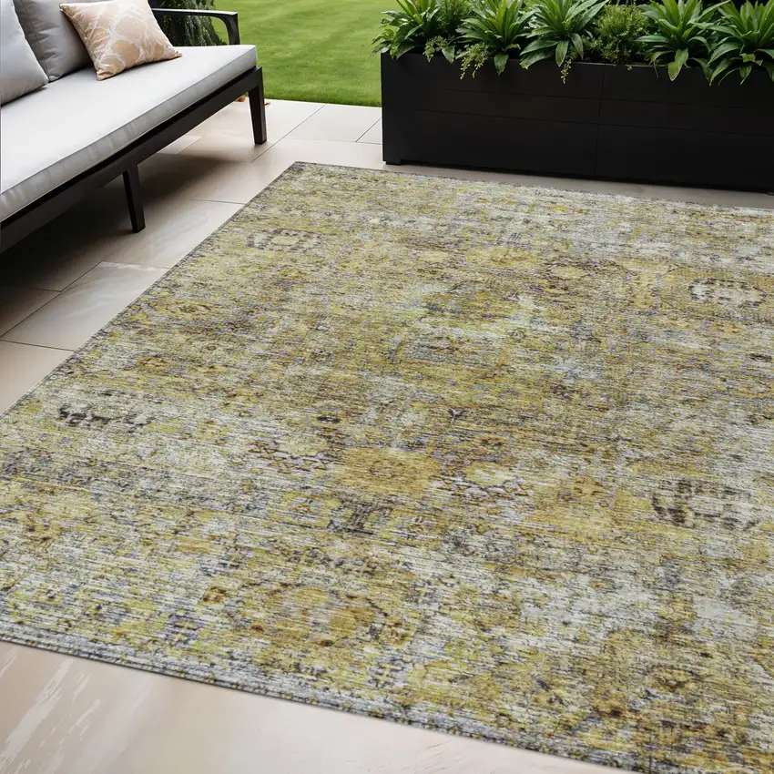 Artichoke Green Beige And Black Floral Washable Indoor Outdoor Area Rug Photo 1