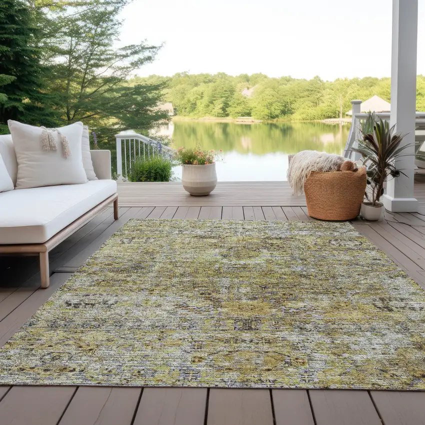 Artichoke Green Beige And Black Floral Washable Indoor Outdoor Area Rug Photo 7