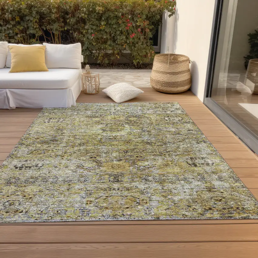 Artichoke Green Beige And Black Floral Washable Indoor Outdoor Area Rug Photo 9