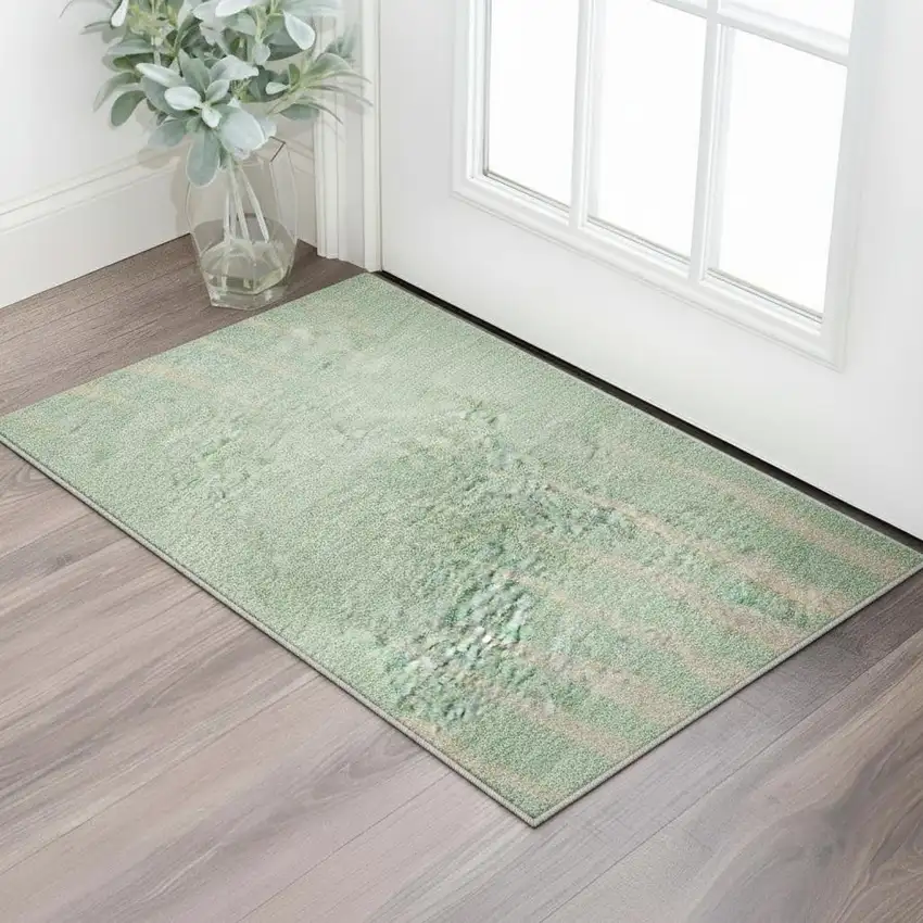 Artichoke Green Beige And Brown Striped Washable Area Rug With UV Protection Photo 2