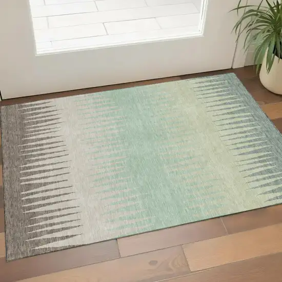 Artichoke Green Beige And Brown Striped Washable Area Rug With UV Protection Photo 1