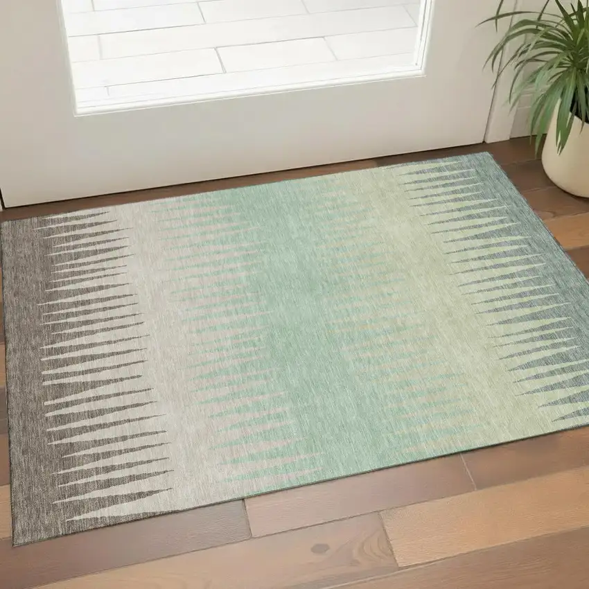 Artichoke Green Beige And Brown Striped Washable Area Rug With UV Protection Photo 1
