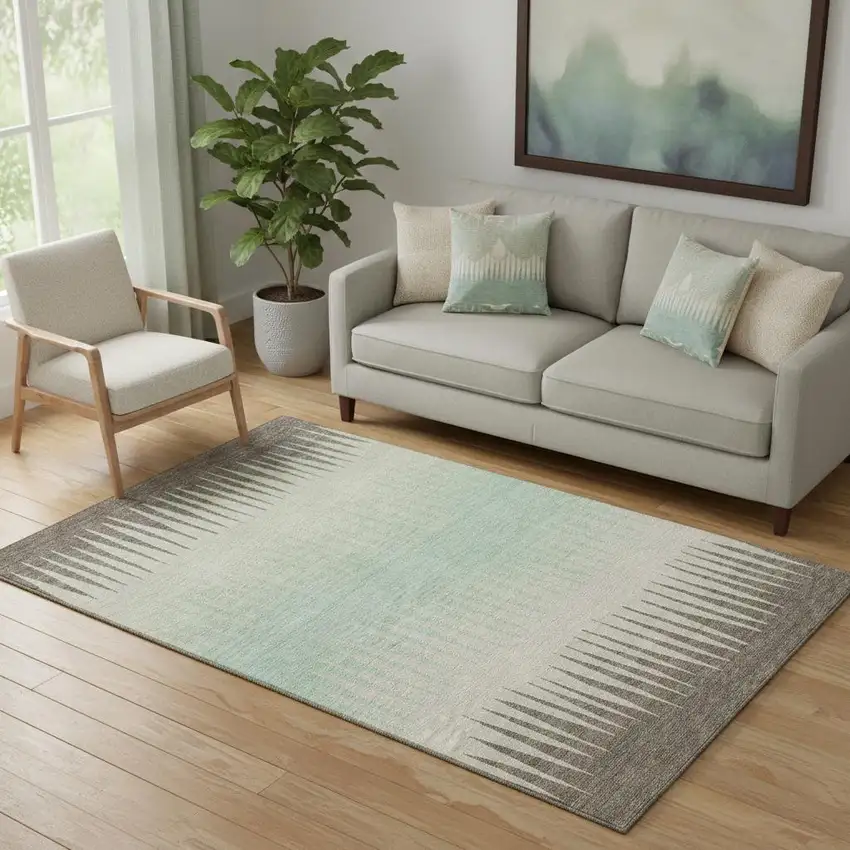 Artichoke Green Beige And Brown Striped Washable Area Rug With UV Protection Photo 1