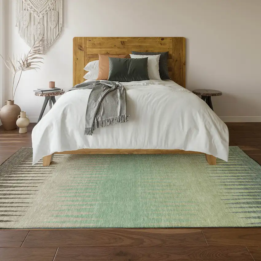 Artichoke Green Beige And Brown Striped Washable Area Rug With UV Protection Photo 4