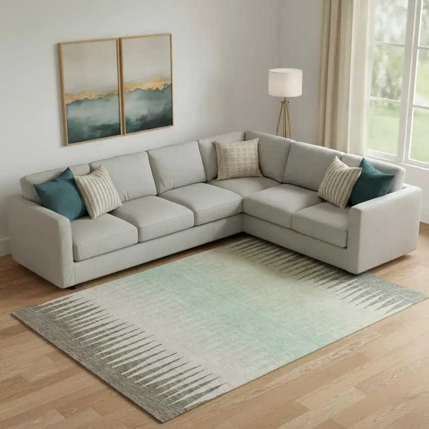 Artichoke Green Beige And Brown Striped Washable Area Rug With UV Protection Photo 1