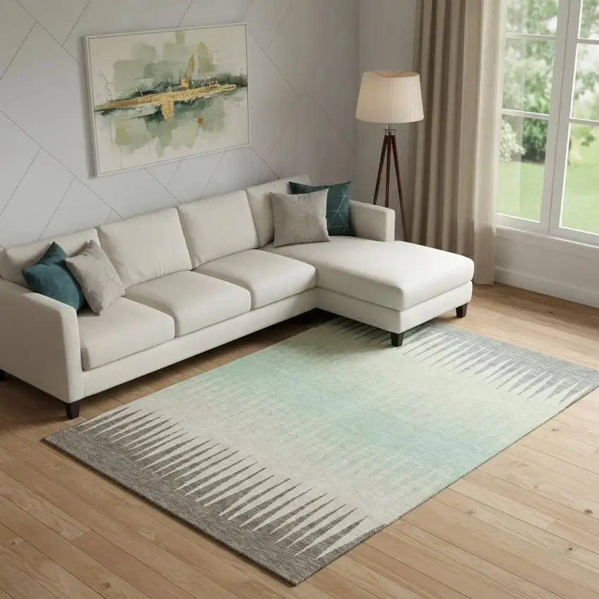 Artichoke Green Beige And Brown Striped Washable Area Rug With UV Protection Photo 1