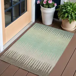 Photo of Artichoke Green Beige And Brown Striped Washable Indoor Outdoor Area Rug