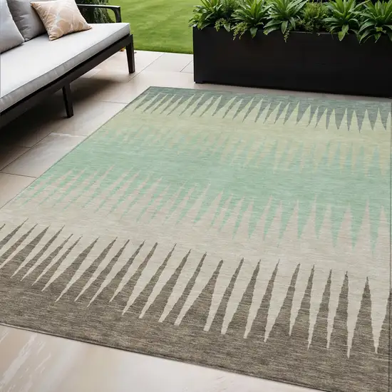 Artichoke Green Beige And Brown Striped Washable Indoor Outdoor Area Rug Photo 1