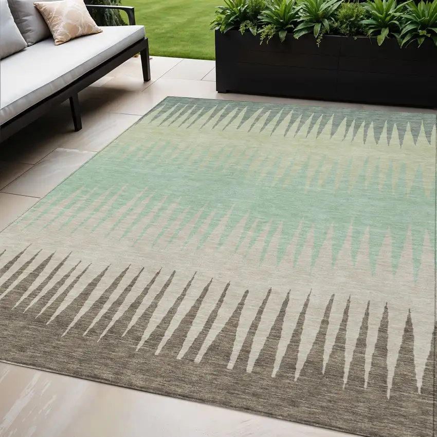 Artichoke Green Beige And Brown Striped Washable Indoor Outdoor Area Rug Photo 1