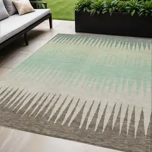 Photo of Artichoke Green Beige And Brown Striped Washable Indoor Outdoor Area Rug