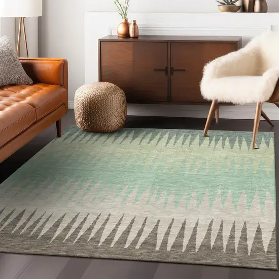 Artichoke Green Beige And Brown Striped Washable Indoor Outdoor Area Rug Photo 9