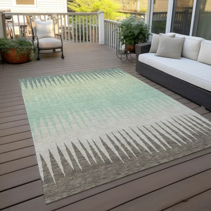 Artichoke Green Beige And Brown Striped Washable Indoor Outdoor Area Rug Photo 8