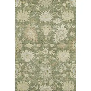 Photo of Artichoke Green Beige And Copper Floral Medallion Washable Area Rug With UV Protection