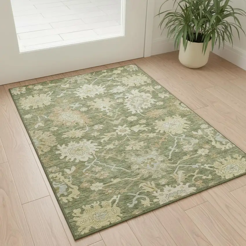 Artichoke Green Beige And Copper Floral Medallion Washable Area Rug With UV Protection Photo 2