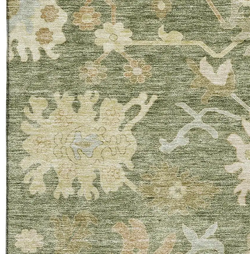 Artichoke Green Beige And Copper Floral Medallion Washable Area Rug With UV Protection Photo 3