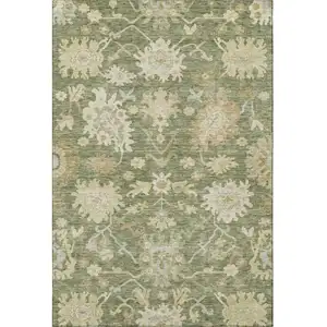 Photo of Artichoke Green Beige And Copper Floral Medallion Washable Area Rug With UV Protection