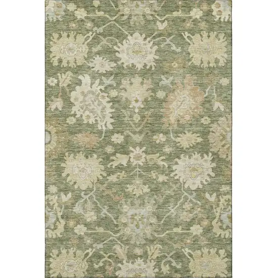 Artichoke Green Beige And Copper Floral Medallion Washable Area Rug With UV Protection Photo 2