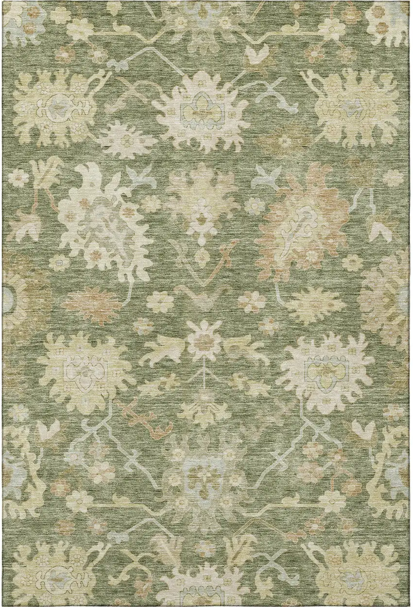 Artichoke Green Beige And Copper Floral Medallion Washable Area Rug With UV Protection Photo 2