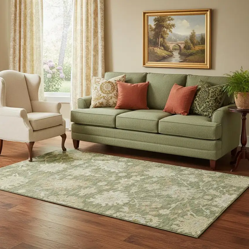 Artichoke Green Beige And Copper Floral Medallion Washable Area Rug With UV Protection Photo 2