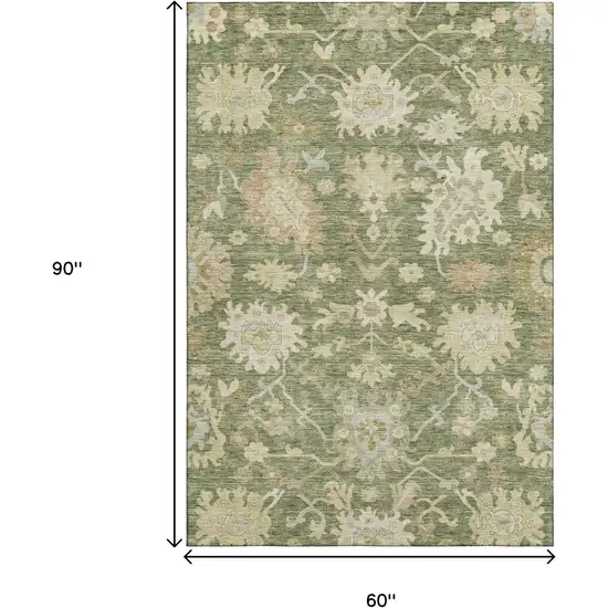 Artichoke Green Beige And Copper Floral Medallion Washable Area Rug With UV Protection Photo 9