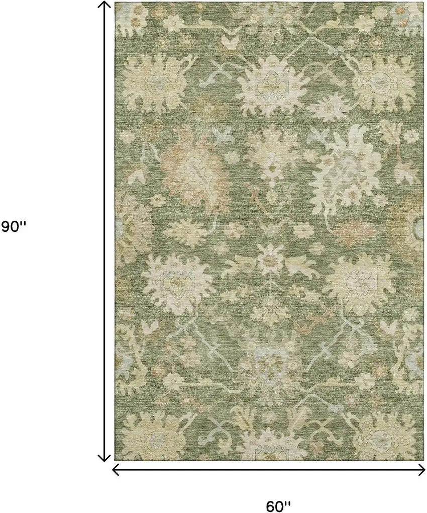 Artichoke Green Beige And Copper Floral Medallion Washable Area Rug With UV Protection Photo 9