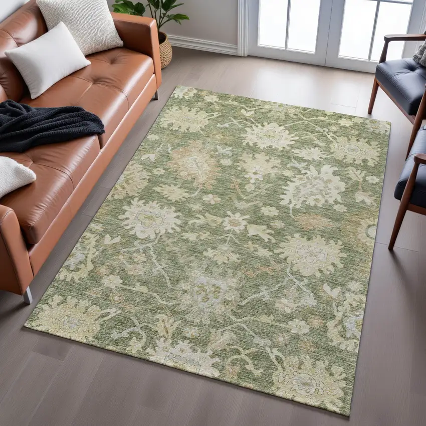 Artichoke Green Beige And Copper Floral Medallion Washable Area Rug With UV Protection Photo 5