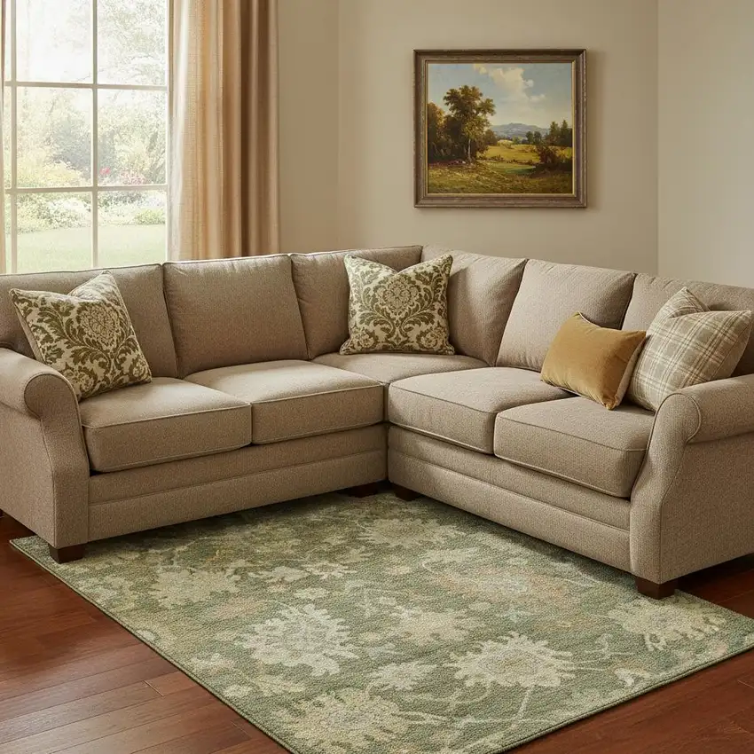 Artichoke Green Beige And Copper Floral Medallion Washable Area Rug With UV Protection Photo 2