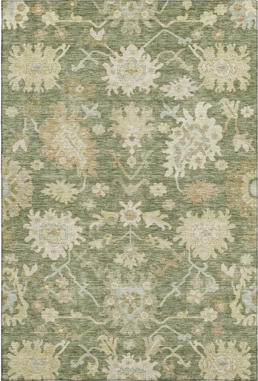 Artichoke Green Beige And Copper Floral Medallion Washable Area Rug With UV Protection Photo 1