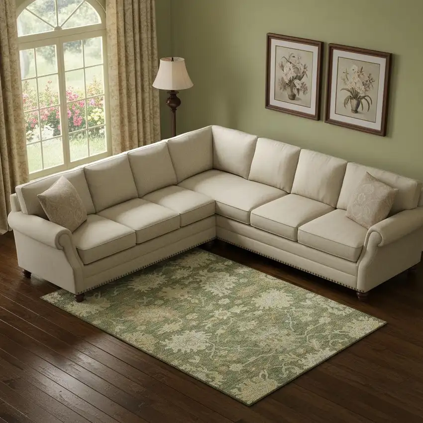 Artichoke Green Beige And Copper Floral Medallion Washable Area Rug With UV Protection Photo 2