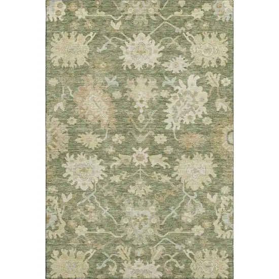 Artichoke Green Beige And Copper Floral Medallion Washable Area Rug With UV Protection Photo 1