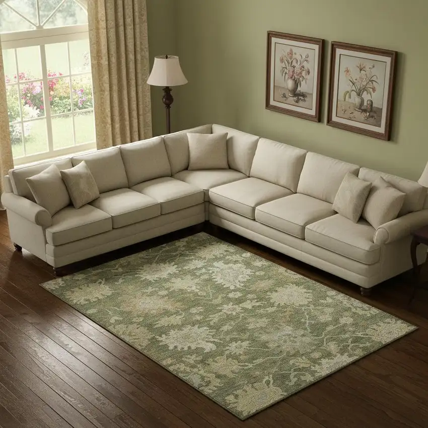 Artichoke Green Beige And Copper Floral Medallion Washable Area Rug With UV Protection Photo 2