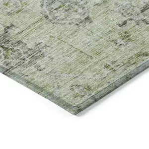 Photo of Artichoke Green Beige And Gray Damask Washable Indoor Outdoor Area Rug