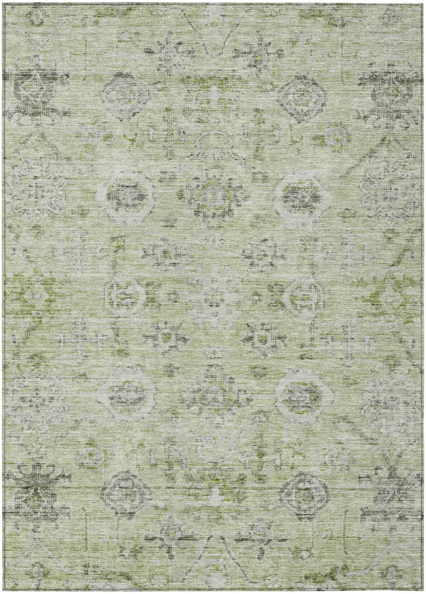 Artichoke Green Beige And Gray Damask Washable Indoor Outdoor Area Rug Photo 2