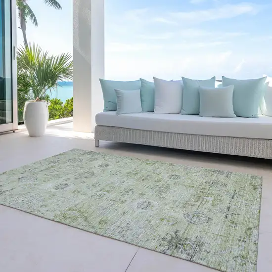 Artichoke Green Beige And Gray Damask Washable Indoor Outdoor Area Rug Photo 7