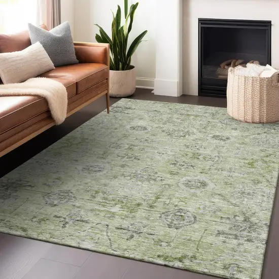 Artichoke Green Beige And Gray Damask Washable Indoor Outdoor Area Rug Photo 8