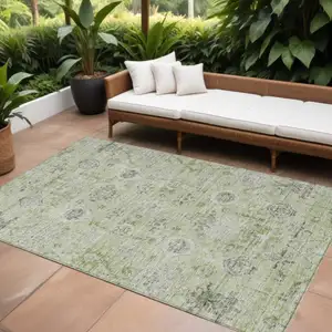Photo of Artichoke Green Beige And Gray Damask Washable Indoor Outdoor Area Rug