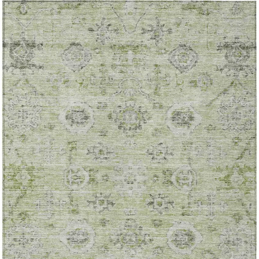 Artichoke Green Beige And Gray Damask Washable Indoor Outdoor Area Rug Photo 5