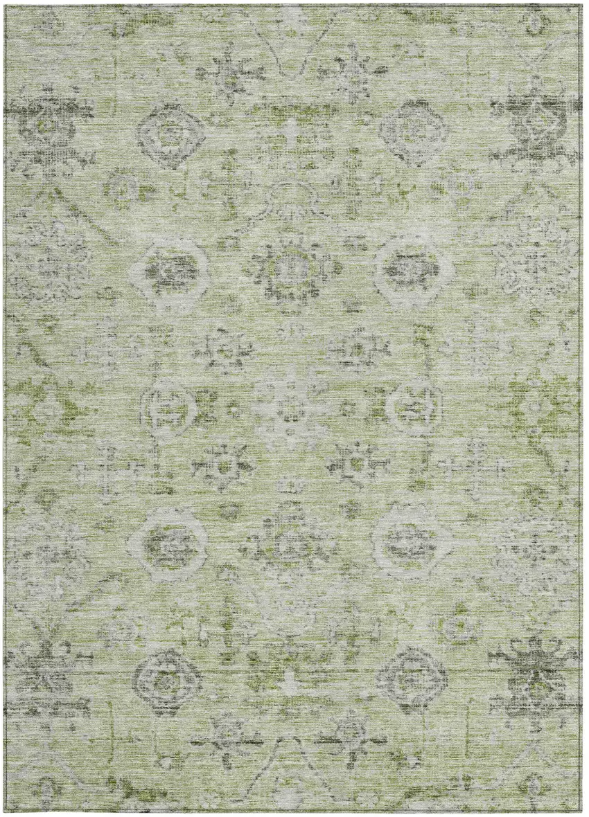 Artichoke Green Beige And Gray Damask Washable Indoor Outdoor Area Rug Photo 6