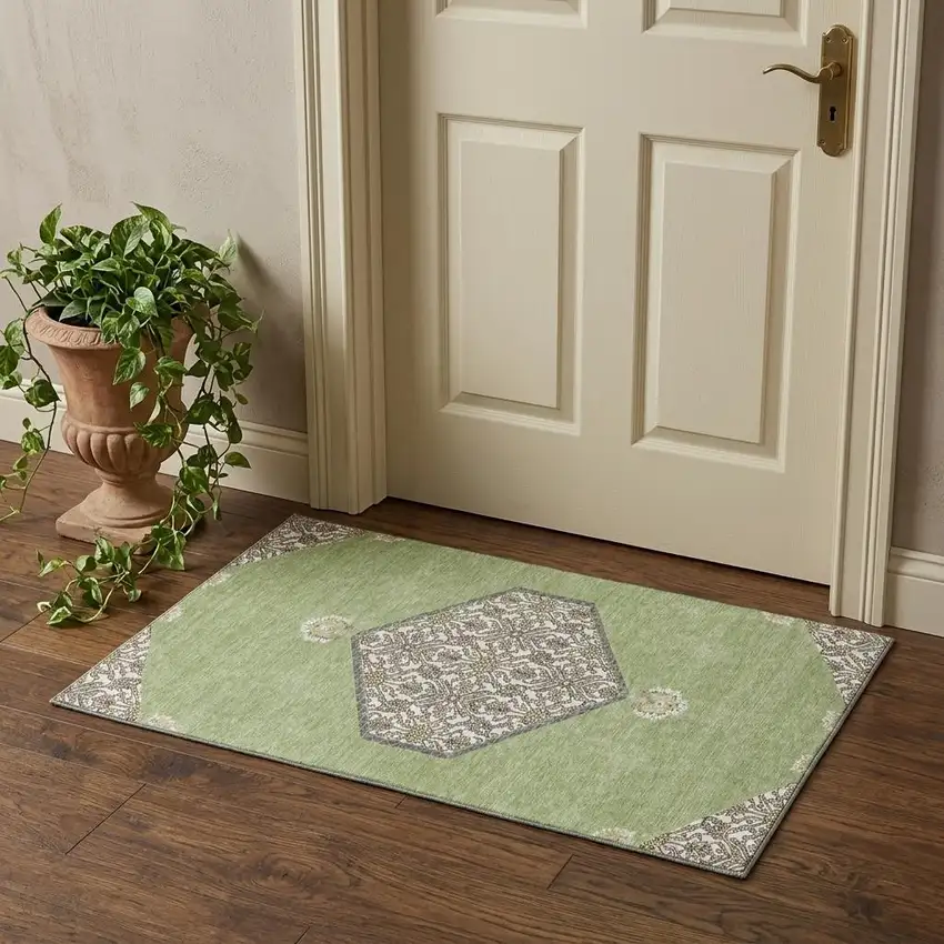 Artichoke Green Beige And Gray Oriental Washable Area Rug With UV Protection Photo 1