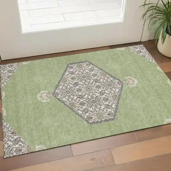Artichoke Green Beige And Gray Oriental Washable Area Rug With UV Protection Photo 1