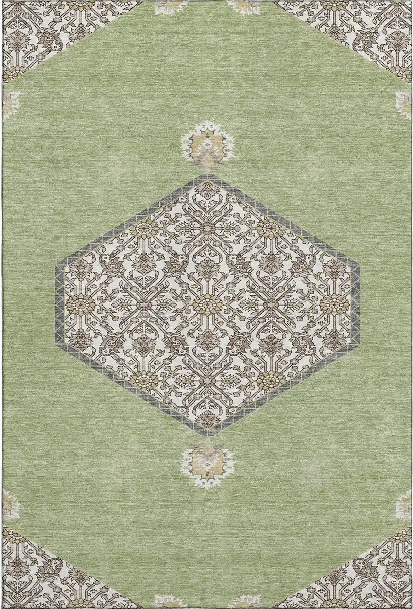 Artichoke Green Beige And Gray Oriental Washable Area Rug With UV Protection Photo 1