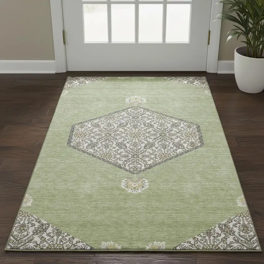 Artichoke Green Beige And Gray Oriental Washable Area Rug With UV Protection Photo 2