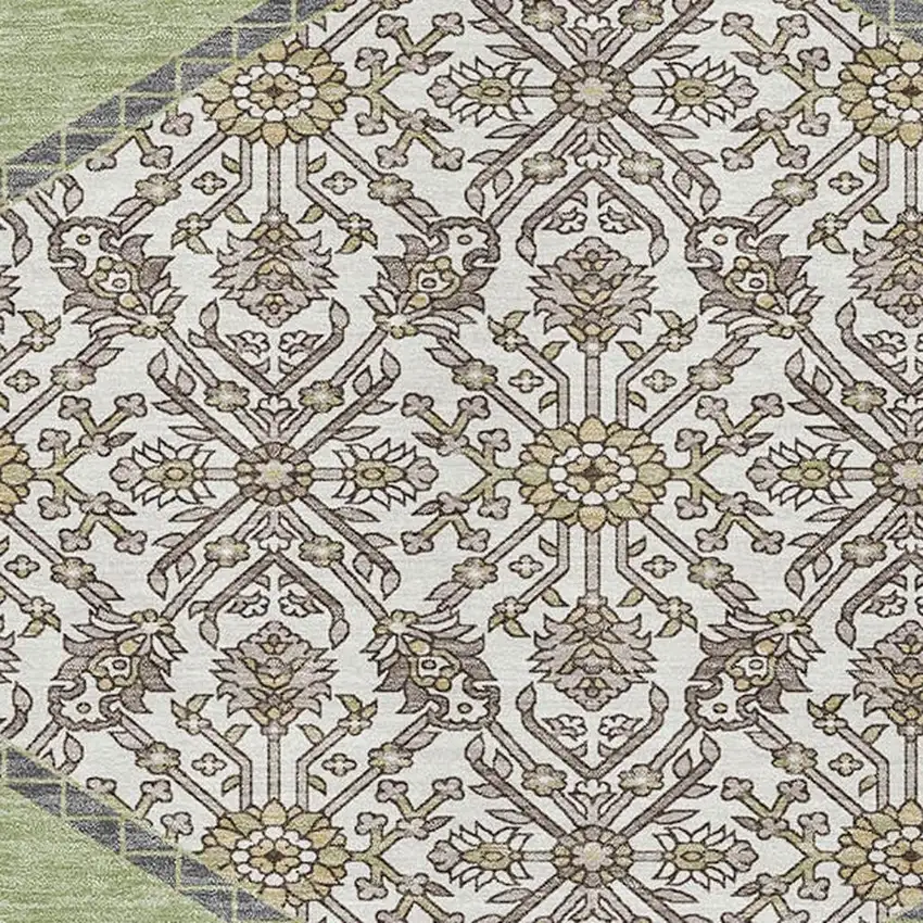 Artichoke Green Beige And Gray Oriental Washable Area Rug With UV Protection Photo 2