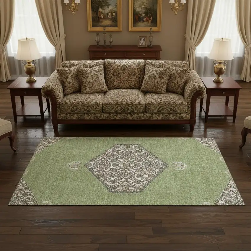 Artichoke Green Beige And Gray Oriental Washable Area Rug With UV Protection Photo 2